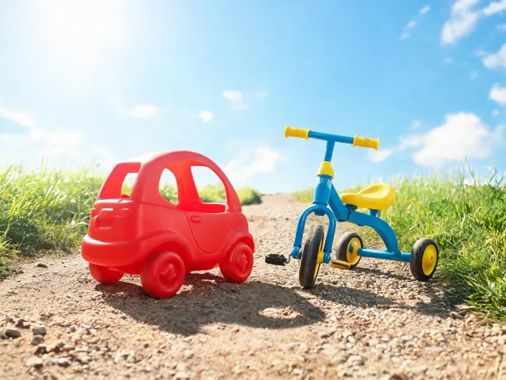 Ride-on toy vehicle on a path