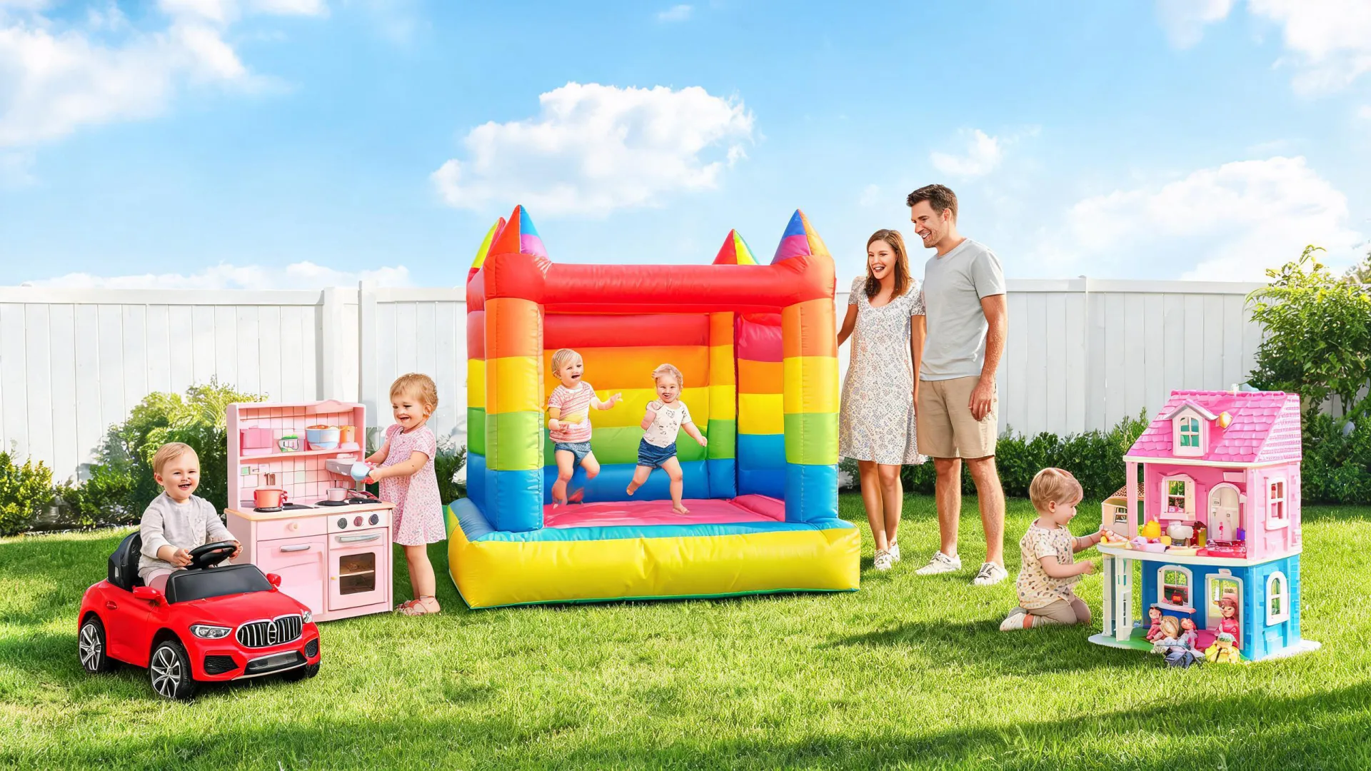 Children playing with outdoor playsets and ride-on toys